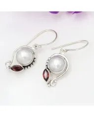 Elegant Pearl & Garnet Dangle Earrings - 925 Sterling Silver Jewelry