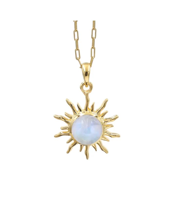 Rainbow Moonstone Carved Face Pendant - Gold Plated 925 Silver Necklace