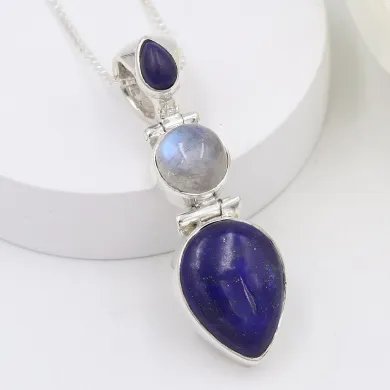 Elegant Lapis Lazuli & Moonstone Pendant in 925 Sterling Silver