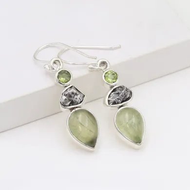 Prehnite, Meteorite & Peridot Gemstone Earrings - 925 Sterling Silver