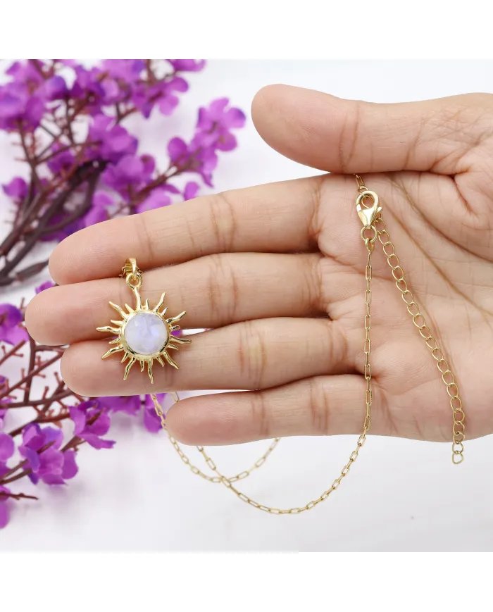 Rainbow Moonstone Carved Face Pendant - Gold Plated 925 Silver Necklace
