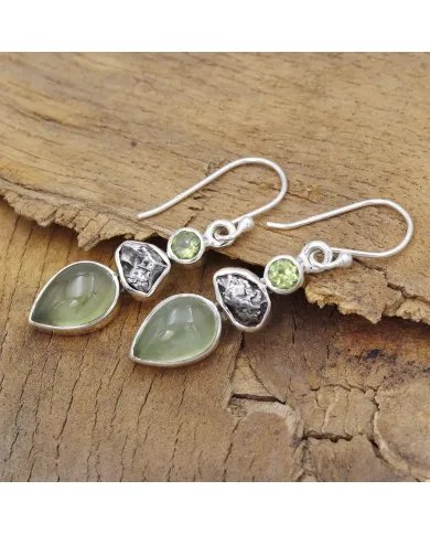 Prehnite, Meteorite & Peridot Gemstone Earrings - 925 Sterling Silver