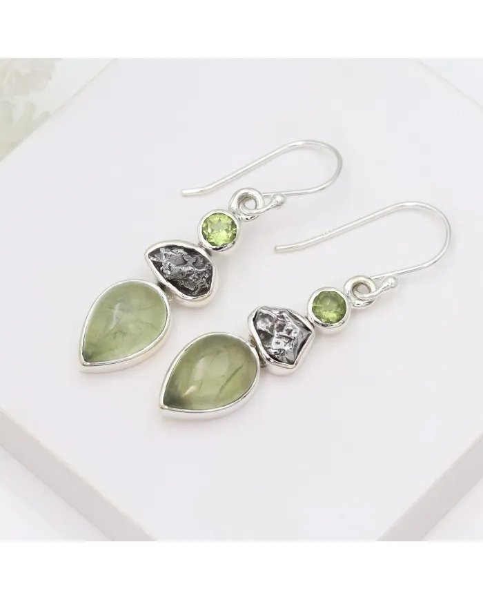 Prehnite, Meteorite & Peridot Gemstone Earrings - 925 Sterling Silver