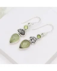 Prehnite, Meteorite & Peridot Gemstone Earrings - 925 Sterling Silver