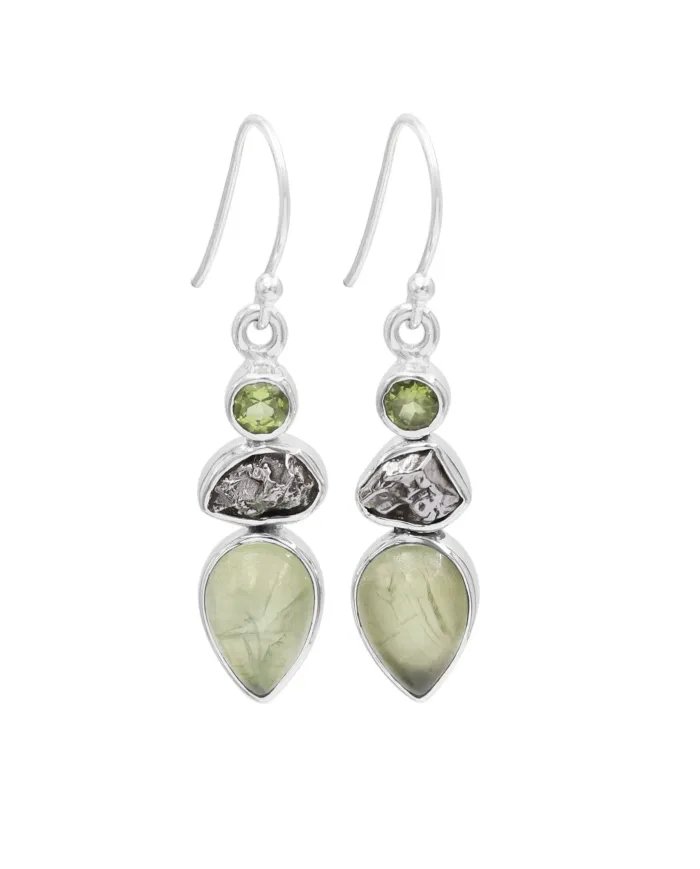 Prehnite, Meteorite & Peridot Gemstone Earrings - 925 Sterling Silver