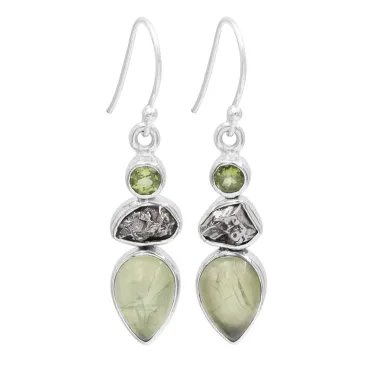 Prehnite, Meteorite & Peridot Gemstone Earrings - 925 Sterling Silver