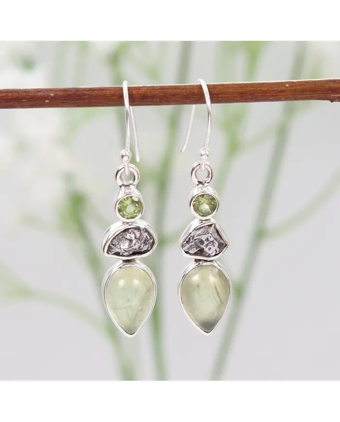 Prehnite, Meteorite & Peridot Gemstone Earrings - 925 Sterling Silver