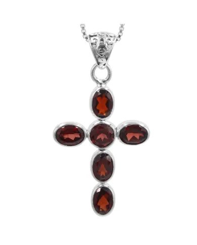 Garnet Cross Pendant in 925 Sterling Silver Handmade Religious Jewelry