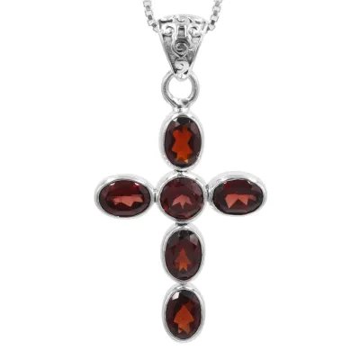 Garnet Cross Pendant in 925 Sterling Silver Handmade Religious Jewelry