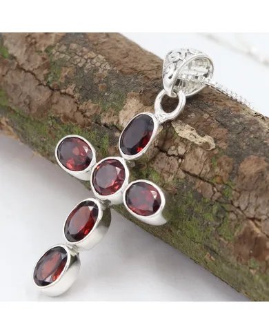 Garnet Cross Pendant in 925 Sterling Silver Handmade Religious Jewelry