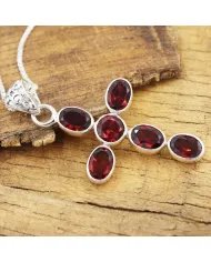 Garnet Cross Pendant in 925 Sterling Silver Handmade Religious Jewelry