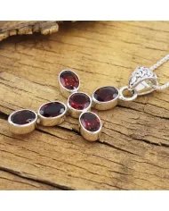Garnet Cross Pendant in 925 Sterling Silver Handmade Religious Jewelry