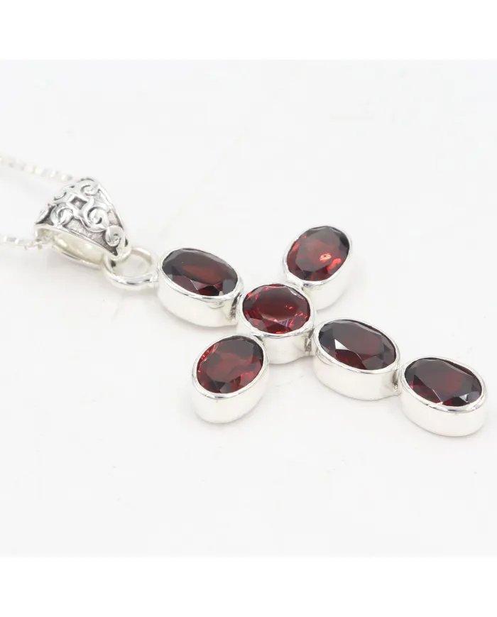 Garnet Cross Pendant in 925 Sterling Silver Handmade Religious Jewelry