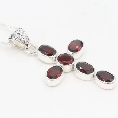 Garnet Cross Pendant in 925 Sterling Silver Handmade Religious Jewelry