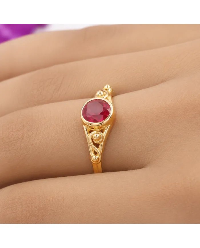 Ruby Solitaire Ring Gold-Plated 925 Sterling Silver Handmade Jewelry