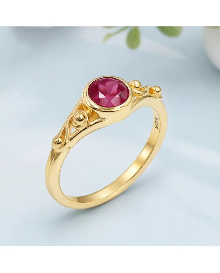 Ruby Solitaire Ring Gold-Plated 925 Sterling Silver Handmade Jewelry