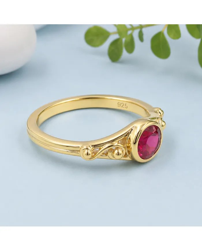 Ruby Solitaire Ring Gold-Plated 925 Sterling Silver Handmade Jewelry