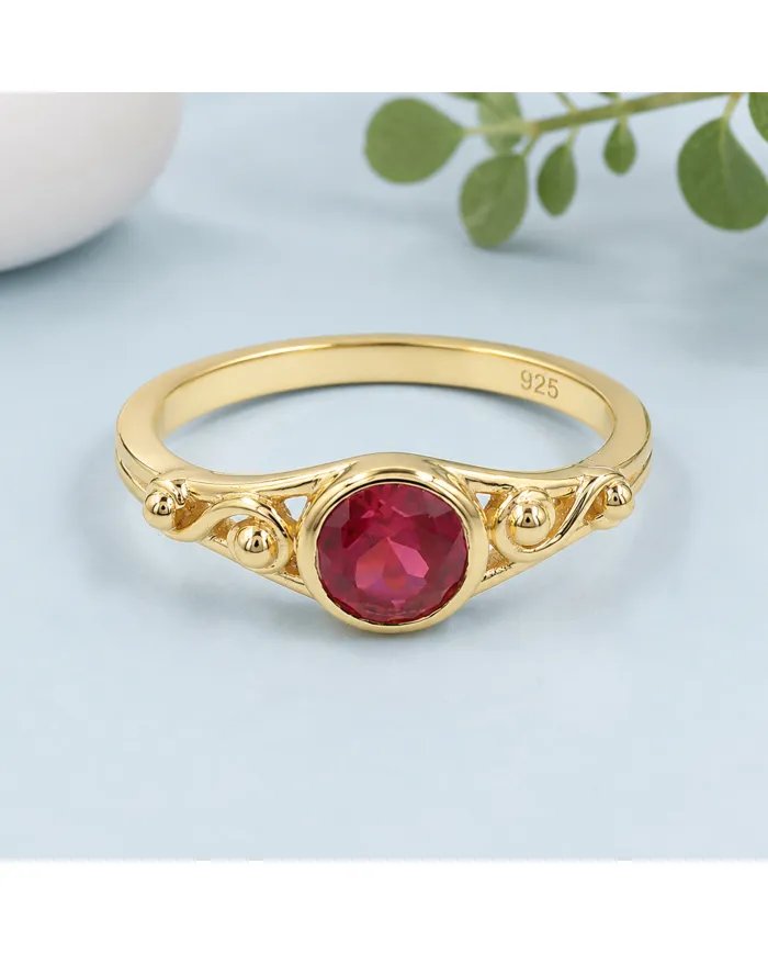 Ruby Solitaire Ring Gold-Plated 925 Sterling Silver Handmade Jewelry