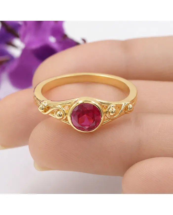 Ruby Solitaire Ring Gold-Plated 925 Sterling Silver Handmade Jewelry