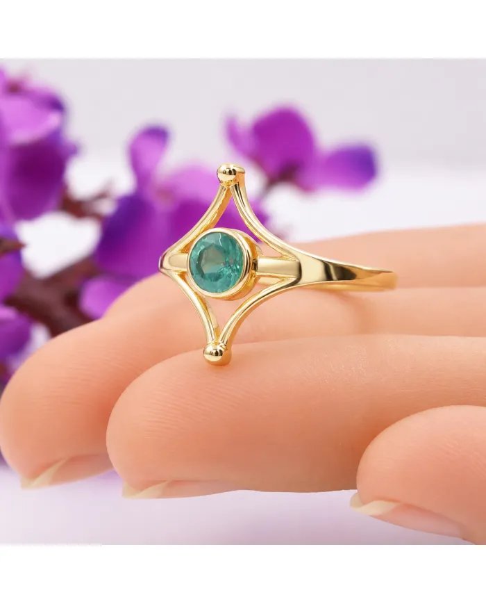 Gold Plated Emerald Solitaire Ring 925 Silver Handmade Jewelry for Her