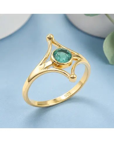 Gold Plated Emerald Solitaire Ring 925 Silver Handmade Jewelry for Her