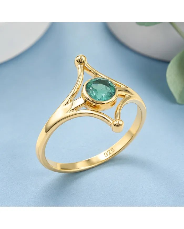 Gold Plated Emerald Solitaire Ring 925 Silver Handmade Jewelry for Her