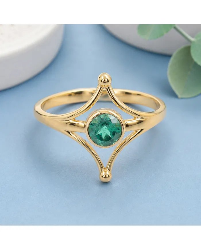 Gold Plated Emerald Solitaire Ring 925 Silver Handmade Jewelry for Her