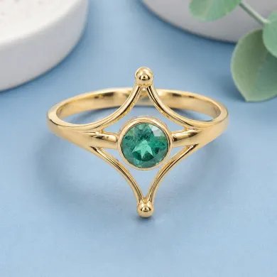 Gold Plated Emerald Solitaire Ring 925 Silver Handmade Jewelry for Her