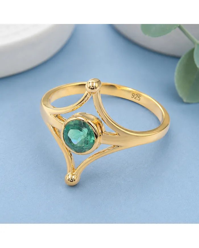 Gold Plated Emerald Solitaire Ring 925 Silver Handmade Jewelry for Her