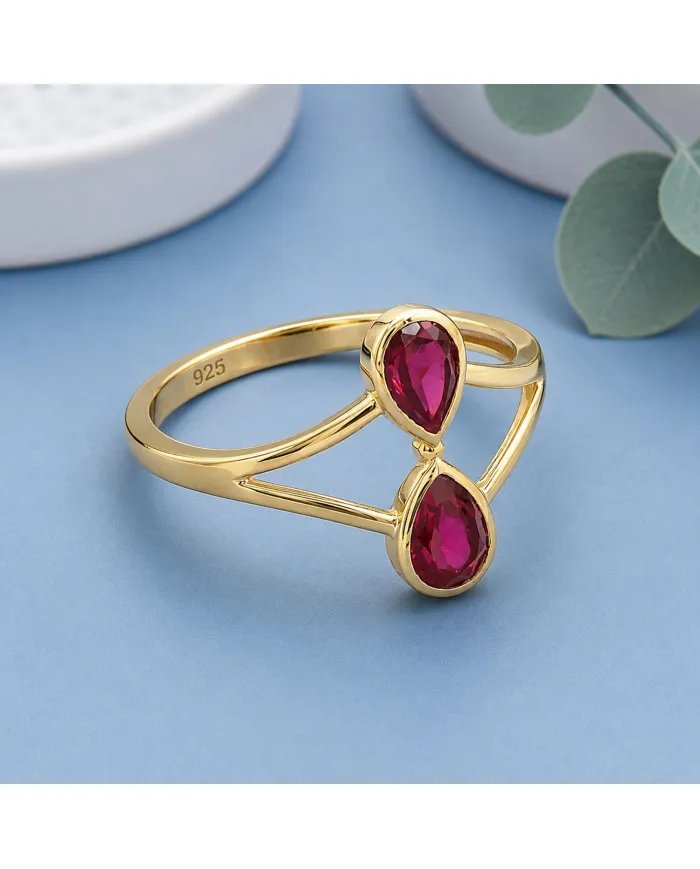 Gold Plated Pear Shape Ruby Gemstone Ring in 925 Silver Handmade Jewelry