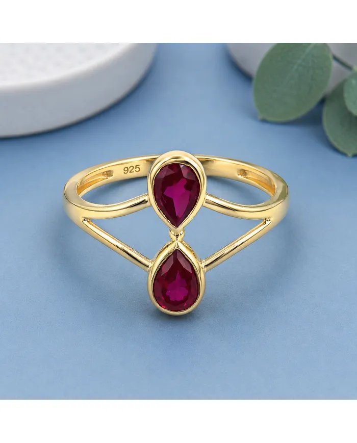 Gold Plated Pear Shape Ruby Gemstone Ring in 925 Silver Handmade Jewelry