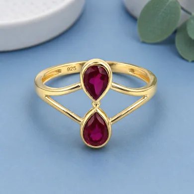 Gold Plated Pear Shape Ruby Gemstone Ring in 925 Silver Handmade Jewelry
