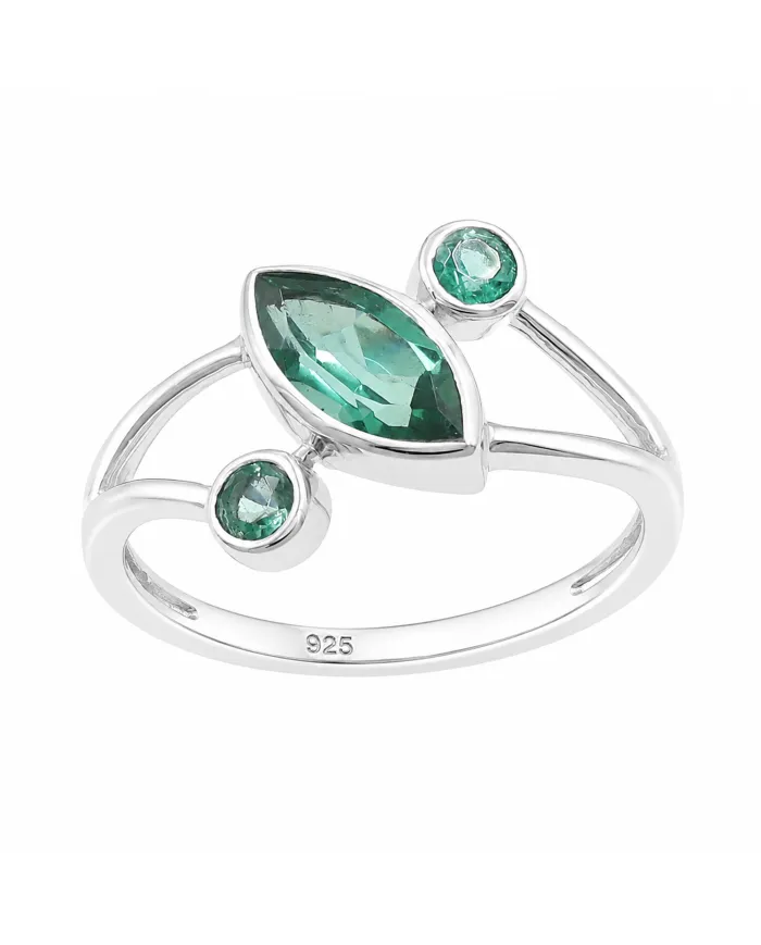 Green Emerald Ring 925 Sterling Silver, Elegant Gemstone Bypass Band