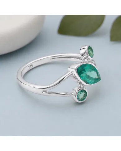 Green Emerald Ring 925 Sterling Silver, Elegant Gemstone Bypass Band