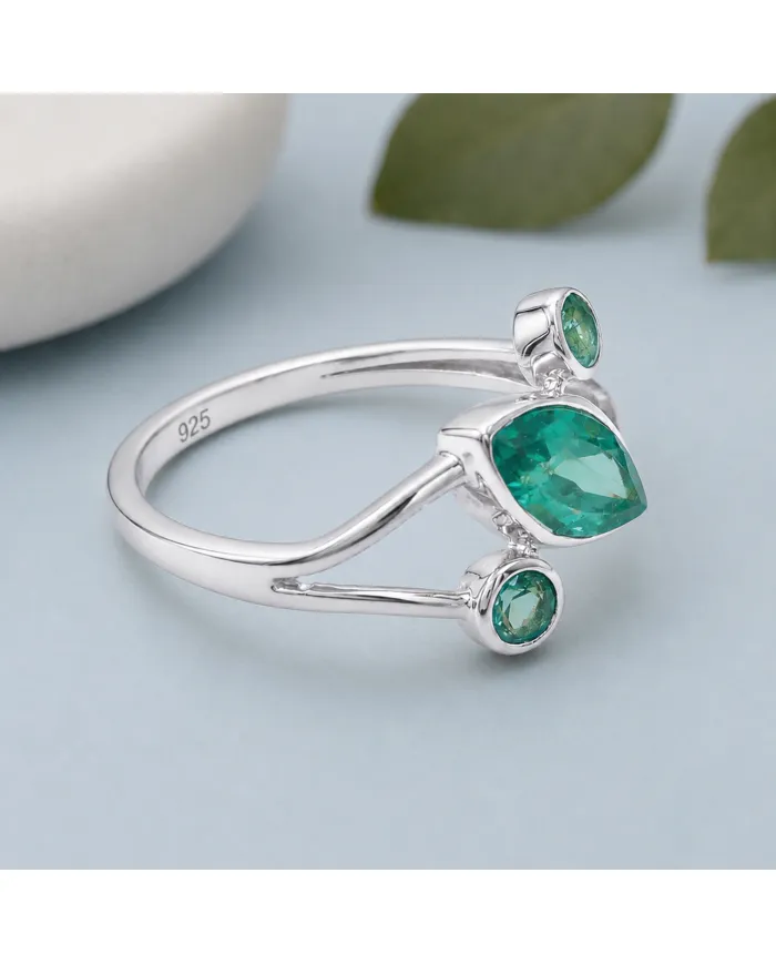 Green Emerald Ring 925 Sterling Silver, Elegant Gemstone Bypass Band