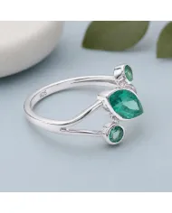 Green Emerald Ring 925 Sterling Silver, Elegant Gemstone Bypass Band
