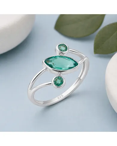 Green Emerald Ring 925 Sterling Silver, Elegant Gemstone Bypass Band