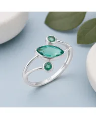 Green Emerald Ring 925 Sterling Silver, Elegant Gemstone Bypass Band