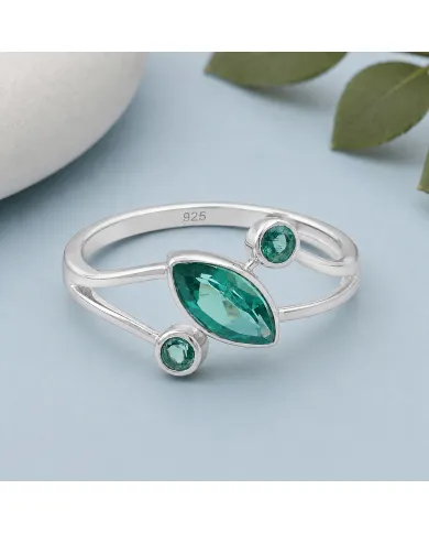 Green Emerald Ring 925 Sterling Silver, Elegant Gemstone Bypass Band