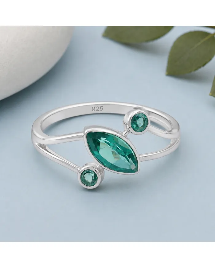 Green Emerald Ring 925 Sterling Silver, Elegant Gemstone Bypass Band