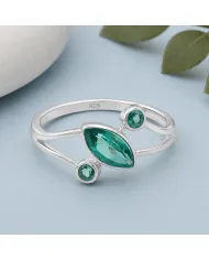 Green Emerald Ring 925 Sterling Silver, Elegant Gemstone Bypass Band