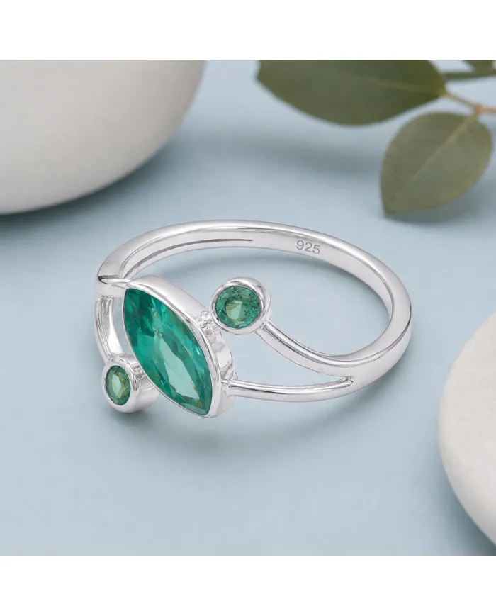 Green Emerald Ring 925 Sterling Silver, Elegant Gemstone Bypass Band