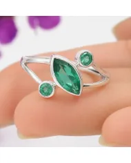 Green Emerald Ring 925 Sterling Silver, Elegant Gemstone Bypass Band