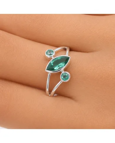 Green Emerald Ring 925 Sterling Silver, Elegant Gemstone Bypass Band
