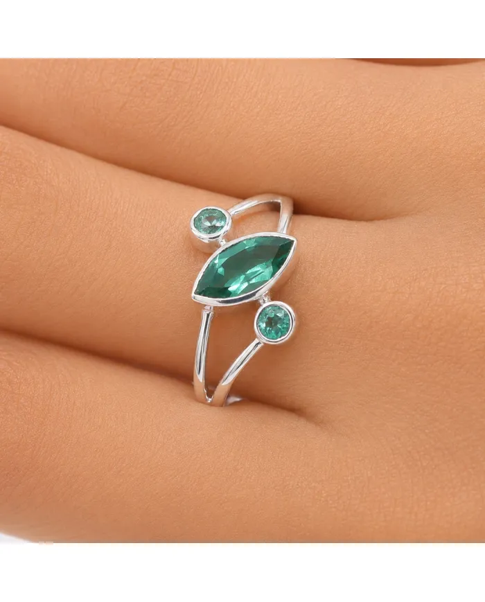 Green Emerald Ring 925 Sterling Silver, Elegant Gemstone Bypass Band
