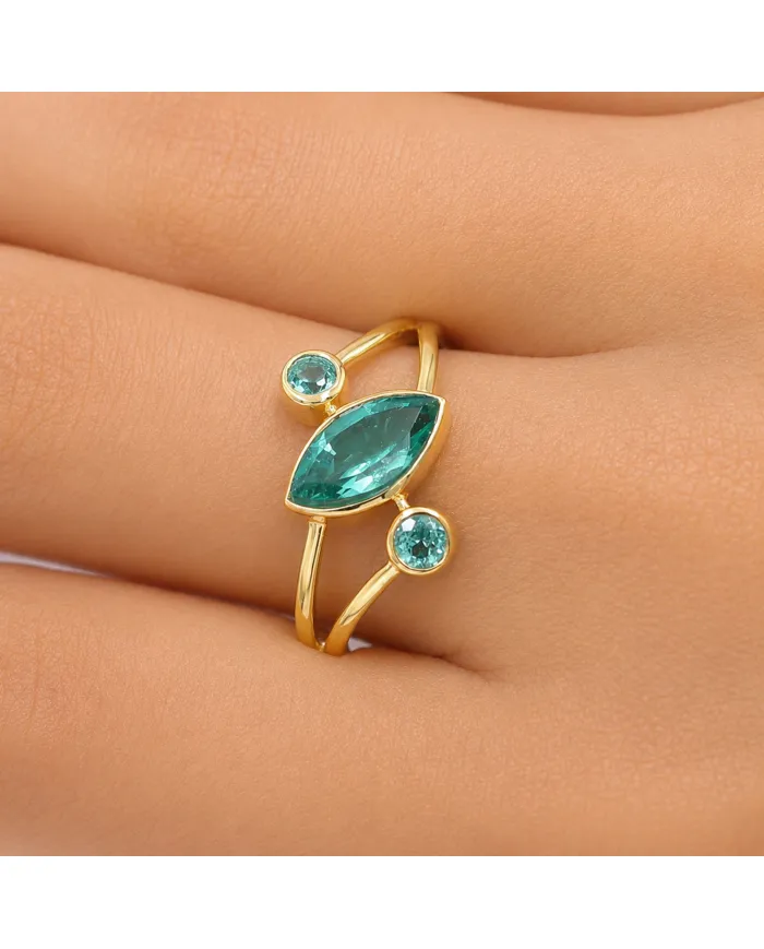 18K Gold-Plated Green Emerald Ring | Elegant Bypass Band Ring for Her