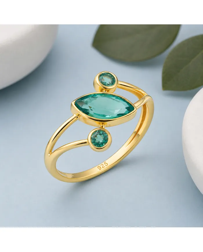 18K Gold-Plated Green Emerald Ring | Elegant Bypass Band Ring for Her