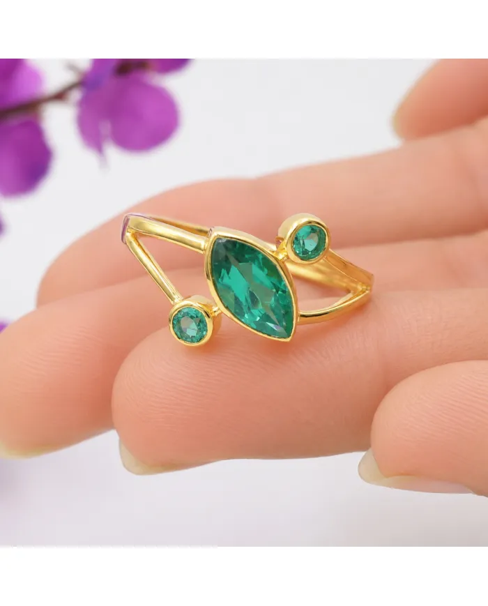 18K Gold-Plated Green Emerald Ring | Elegant Bypass Band Ring for Her