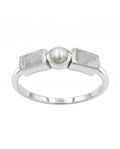 Meteorite and Pearl Ring in 925 Sterling Silver Handmade Jewelry