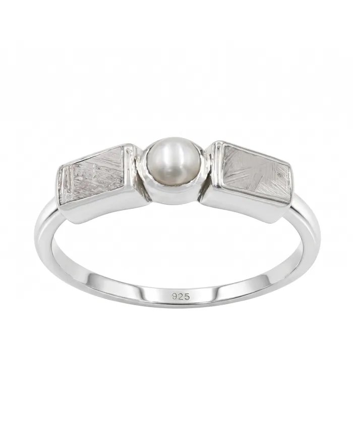 Meteorite and Pearl Ring in 925 Sterling Silver Handmade Jewelry